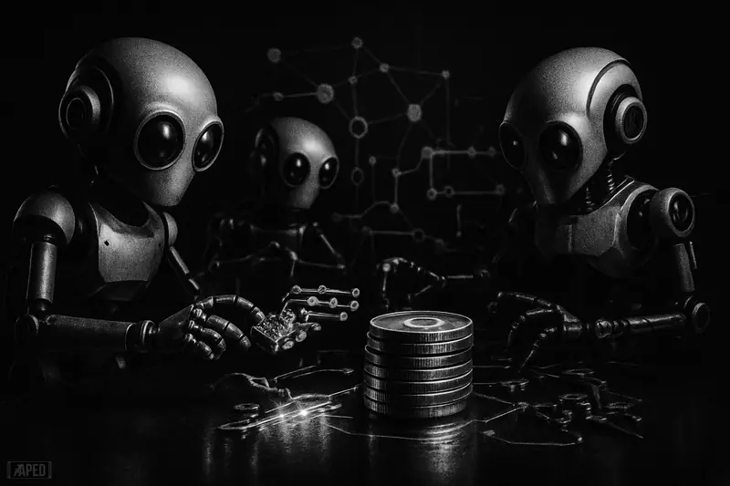 Robotic agents exchange tiny metallic payments around stacked stablecoin tokens in a dark monochrome futuristic network scene.