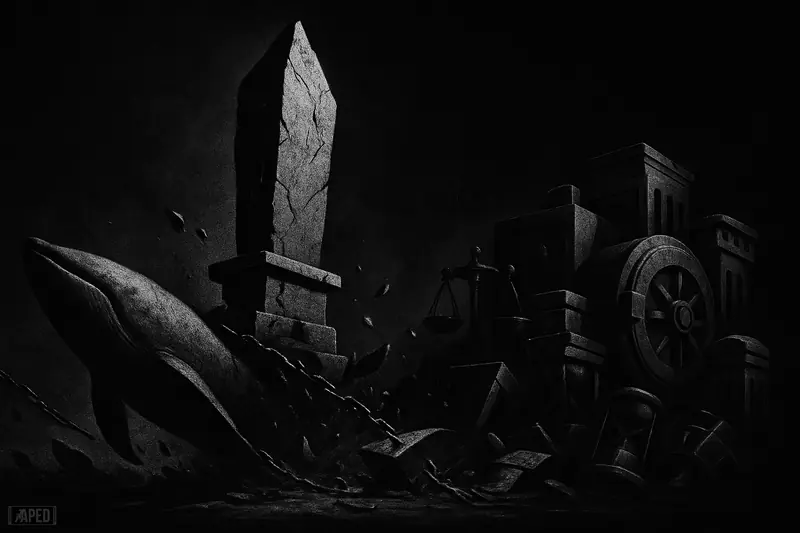 A cracked stone monument teeters above a dark trading floor as a giant whale disrupts chains and market machinery in grayscale.