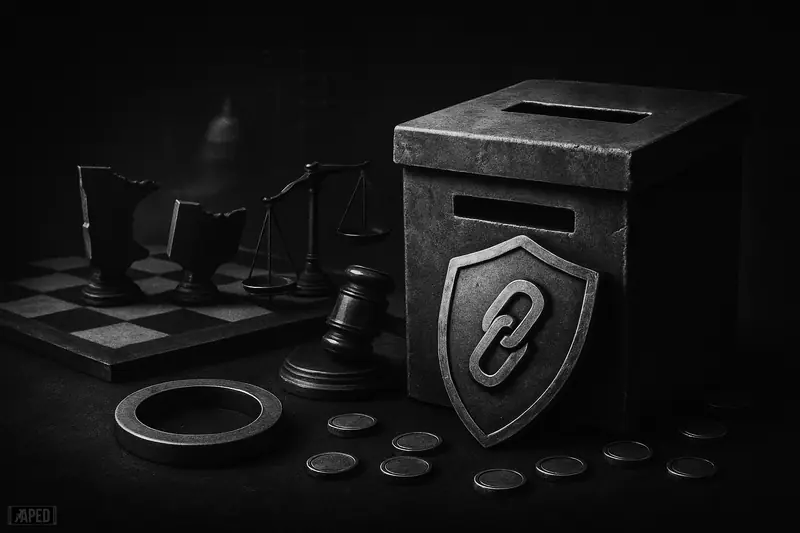 A dark war-room table shows a fortress-like ballot box, blockchain shield, regulation gavel, and chess-map pieces shaped like Ohio and Pennsylvania.