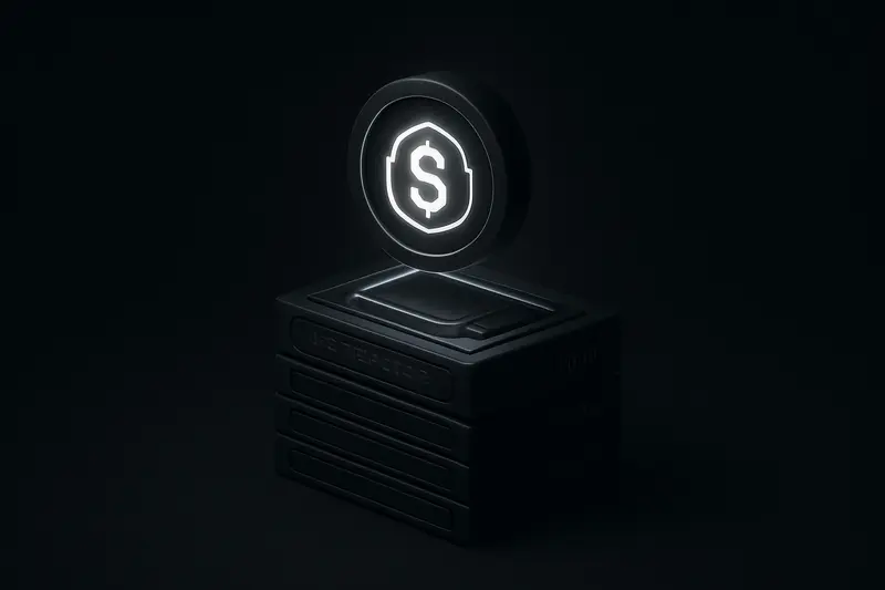 A dark vault holding a luminous coin-like core that transforms into neatly stacked metallic bond tiles on black.