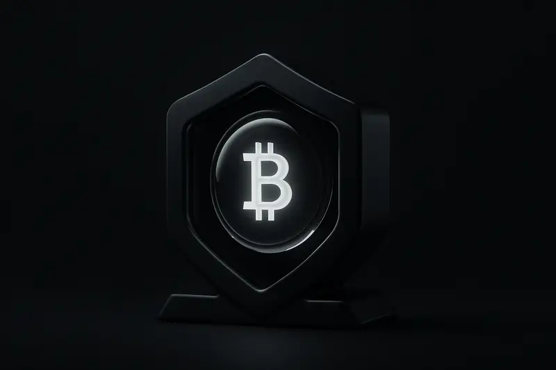 Glowing golden coin-like sphere encased in a translucent obsidian cube, surrounded by faint circuit lines on a black background.