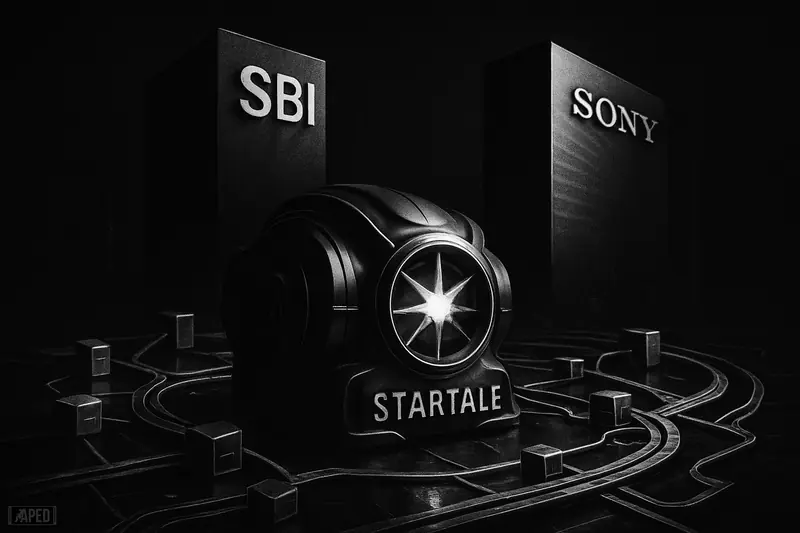 A futuristic startup engine is backed by two imposing corporate structures amid blockchain rails against a dark grid and faint city skyline.