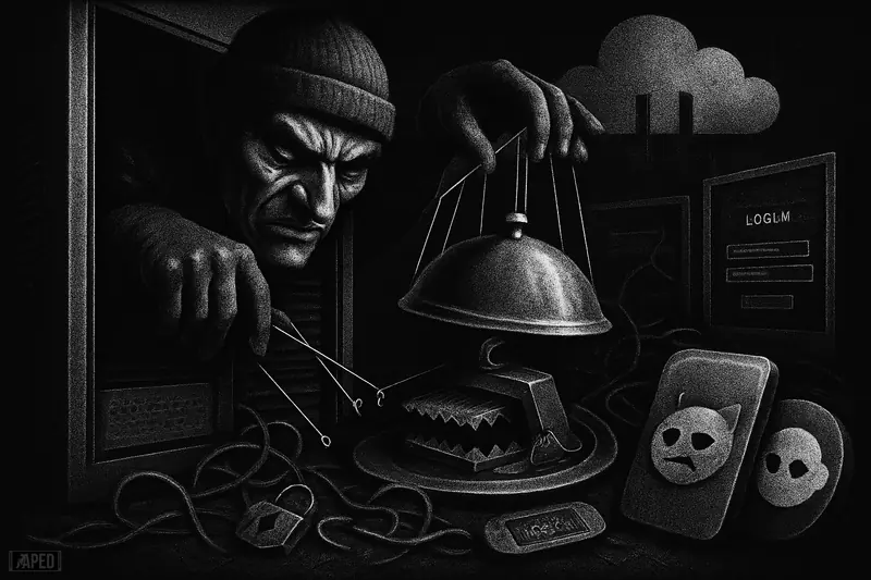 A shadowy intruder manipulates server infrastructure and wallet devices into a trap amid broken security symbols in a dark grayscale cyber scene.
