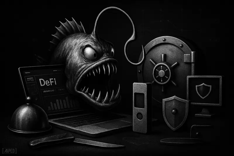 A menacing phishing creature emerges from devices toward a wallet, while a secure vault and DeFi security symbols sit behind in grayscale.