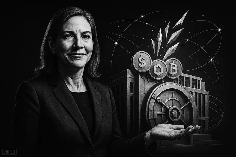 Denelle Dixon stands confidently before a dark institutional vault scene, presenting tokenized assets as Stellar-themed network rails sweep upward.