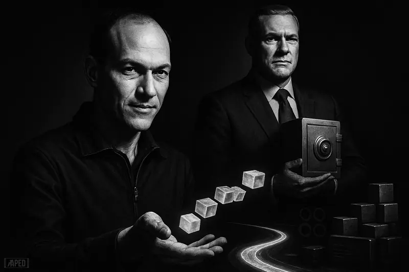 Jed McCaleb and an institutional financier stride through a dark data-grid scene as one payment network pulls ahead of a shadowed rival.