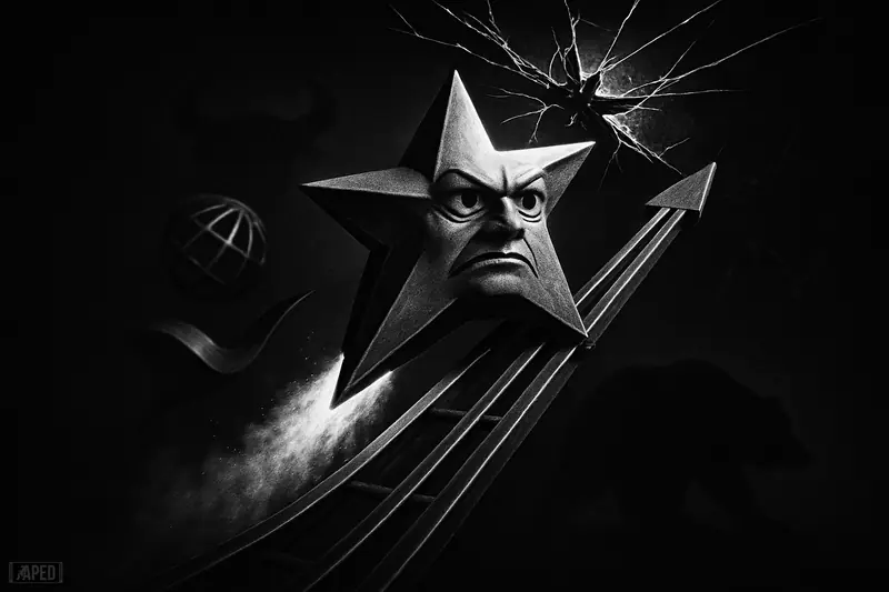 A grim monochrome scene of a star-shaped spacecraft breaking upward through a glass barrier on steel rails, with other payment symbols trailing.