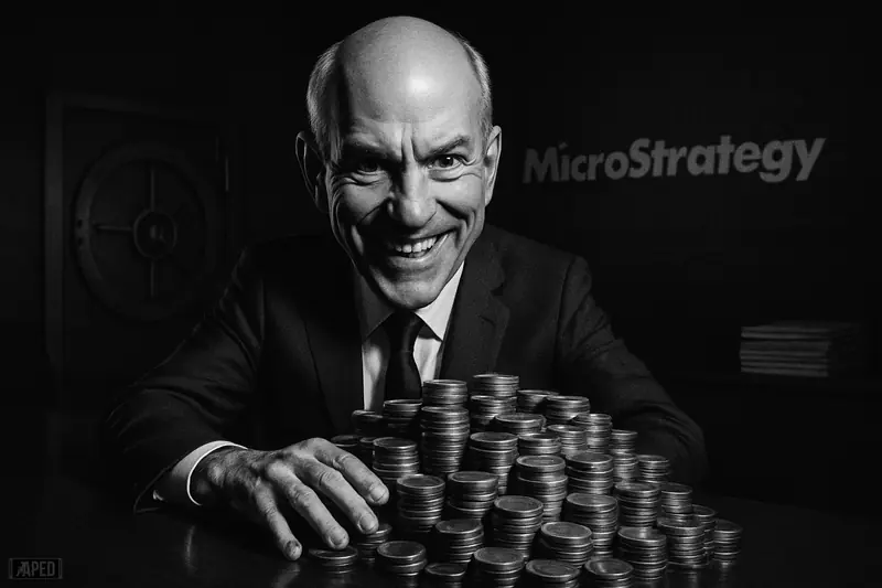 Michael Saylor caricature in a dark boardroom, sweeping a huge pile of coins toward himself under stark monochrome cinematic lighting.
