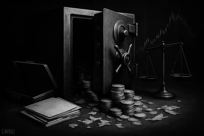 A hulking safe spills metal tokens onto filing folders and shredded certificates, under moody light against a near-black data grid.