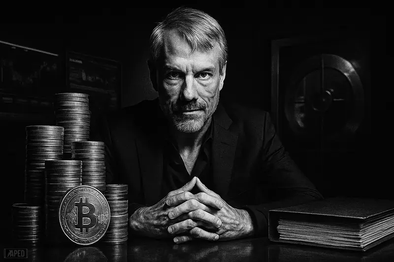 Michael Saylor caricature at a boardroom table with towering coin stacks and treasury documents in a dark grayscale corporate setting.