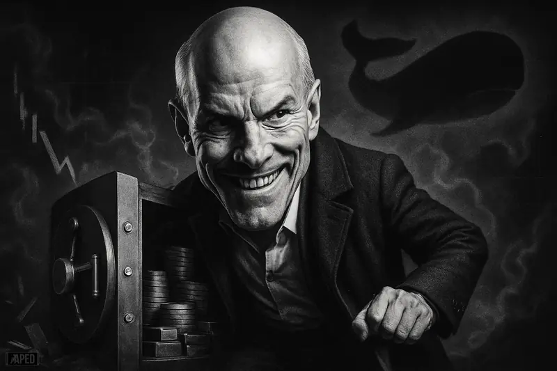 Michael Saylor caricature in a dark suit opens a vault amid panic-market symbols, with a whale silhouette and grayscale cinematic lighting.
