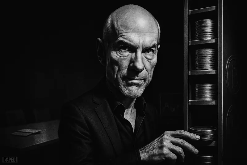 Michael Saylor caricature in a dark boardroom pauses before an empty gap among stacked metallic discs, suggesting a halted Bitcoin buying routine.