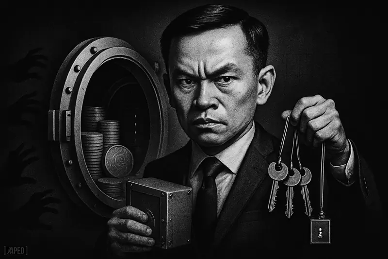 Phong Le stands guard before a Bitcoin vault, clutching security hardware and multiple keys as shadowy hands reach in darkness.