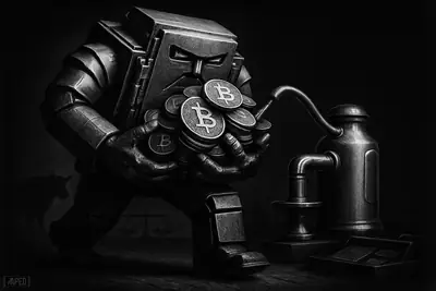 A hulking vault-like creature gathers bitcoins as a sleek financial machine feeds more into its treasury in a dark monochrome market scene.