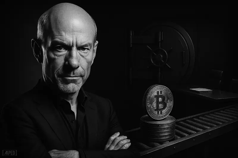 Michael Saylor stands beside a stopped bitcoin conveyor in a shadowy corporate vault, looking composed and calculating in stark black and white.