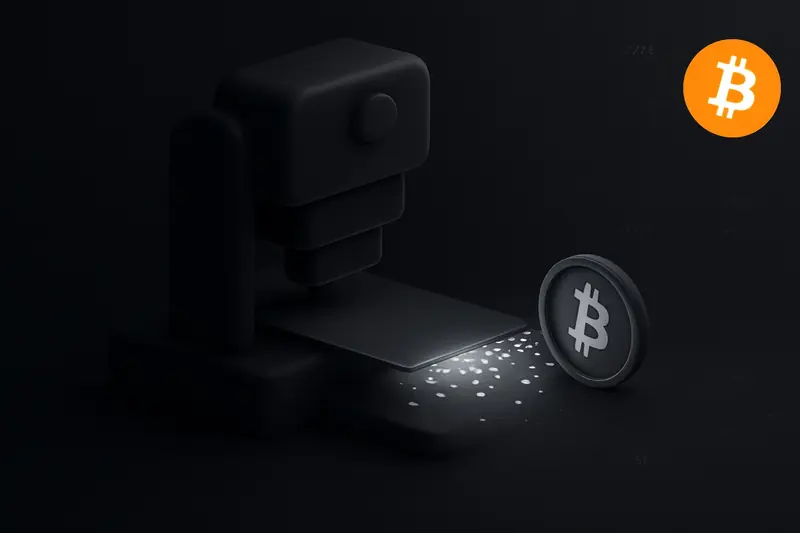 On a black background, a metallic press compresses pale paper into bright orange, pixelated coin shards with floating dust.