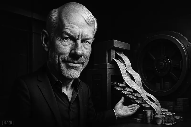 Michael Saylor caricature in a dark boardroom, gesturing toward a giant treasury machine feeding a vault in monochrome grayscale.