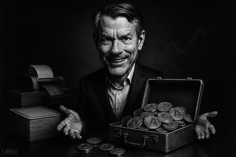 Michael Saylor, rendered as a photorealistic caricature, displays an overflowing briefcase of bitcoin tokens beside shadowy financing papers in a dark grid backdrop.