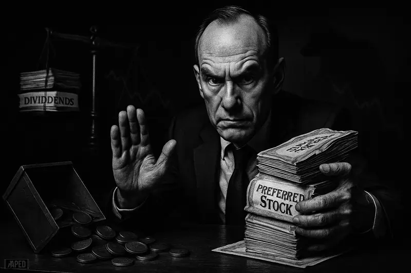 Jeff Dorman caricature at a trading desk, burdened by stacked certificates and a tipping scale, in a dark grayscale financial scene.