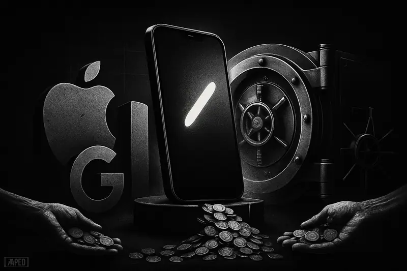 A grayscale financial totem rises from a vault as retail investors feed coins inward, surrounded by ominous tech and finance monuments.