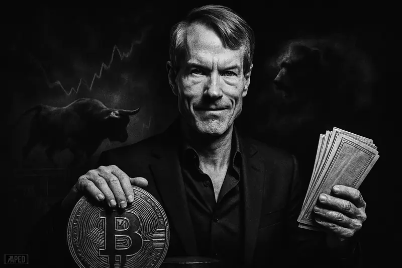 Michael Saylor caricature stands confidently beside a giant Bitcoin prop, offering share certificates amid a tense monochrome market scene.