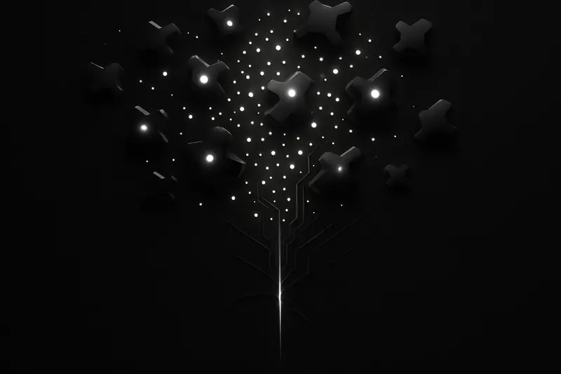 Glowing network nodes surge into a thin circuit choke point, creating a bright bottleneck on a dark futuristic background.