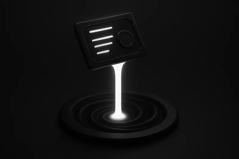 On black background, a luminous coin-like disk emits golden streams that flow into a neon circular pool of connected nodes.
