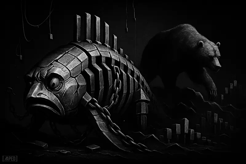 A grayscale sea-beast blockchain caricature freezes as a bear descends through broken market structures against a dark data-grid background.