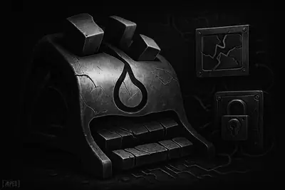 A futuristic blockchain machine sits frozen and damaged in a dark grayscale scene, with jammed nodes and broken circuitry suggesting a network outage.