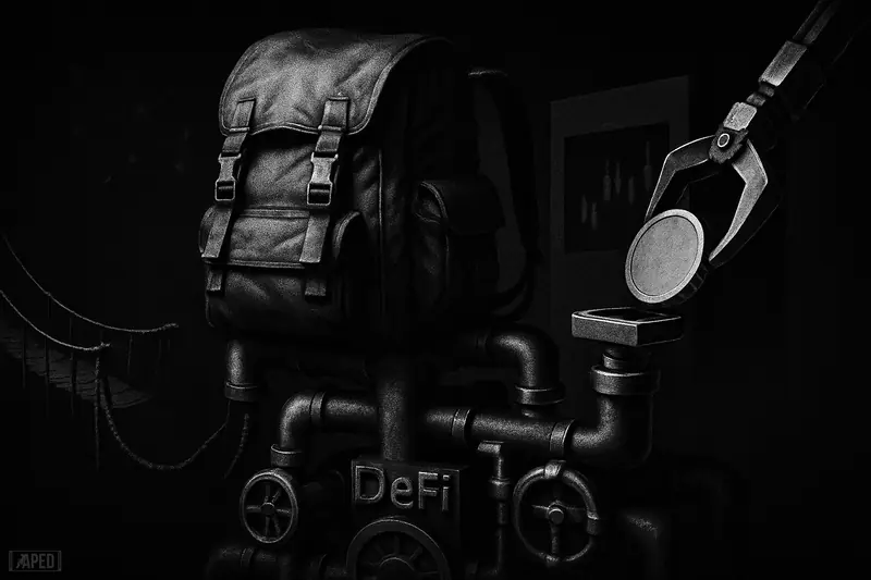 An oversized backpack rests on dramatic DeFi pipes as a blank token enters a slot; a broken bridge hangs beside a dark grid.