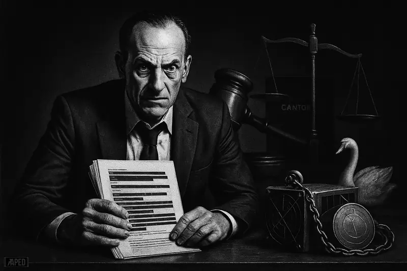 Caricatured Howard Lutnick in a dark courtroom setting, clutching redacted subpoena papers beside a swan statue, mining rig, gavel, and scales.