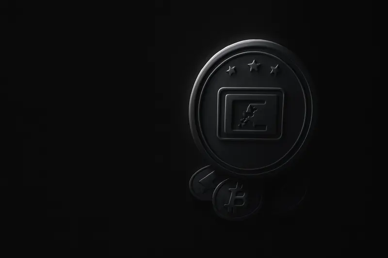 On a black background, a luminous passport stamp presses down on scattered glowing coins, leaving only a few bright tokens visible.