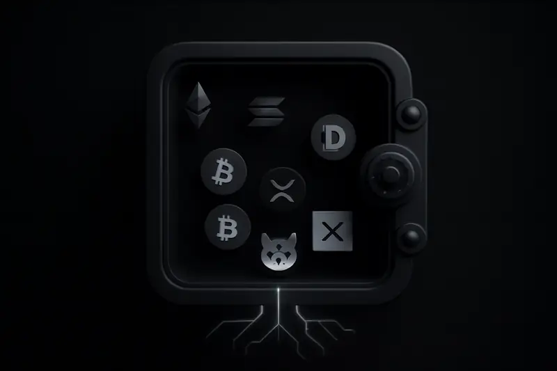 Matte-black vault bowl holding five stylized glowing coins, while thin neon filaments rise upward like roots on a dark backdrop.