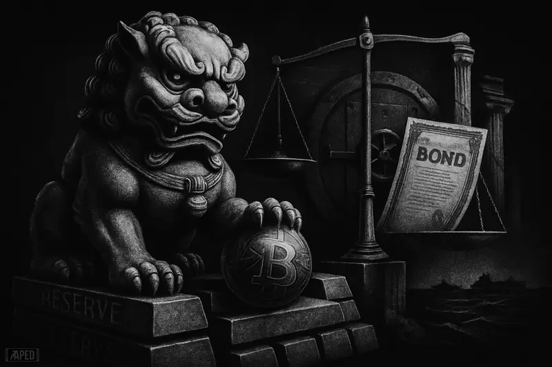 A stone guardian lion protects a metallic Bitcoin-like sphere before scales, vault bars, and dark strait waters in a tense grayscale scene.