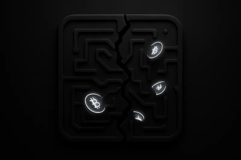 Glowing teal coin fragments flow through a cracked black circuit maze into a dark vault, with faint red warning shards.