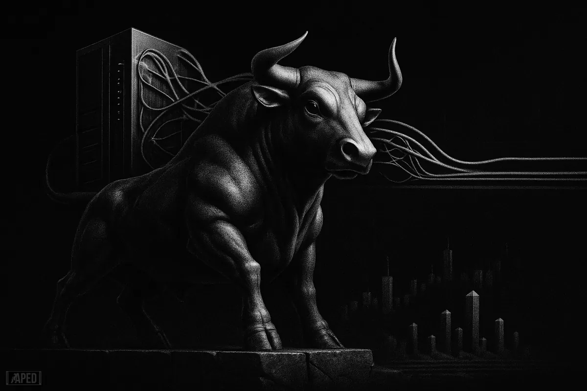 A muscular metallic bull stands firmly on a ledge as AI server structures and calm market signals suggest post-rally price consolidation.