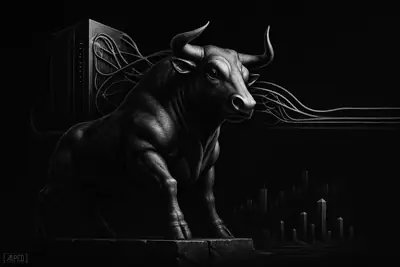 A muscular metallic bull stands firmly on a ledge as AI server structures and calm market signals suggest post-rally price consolidation.