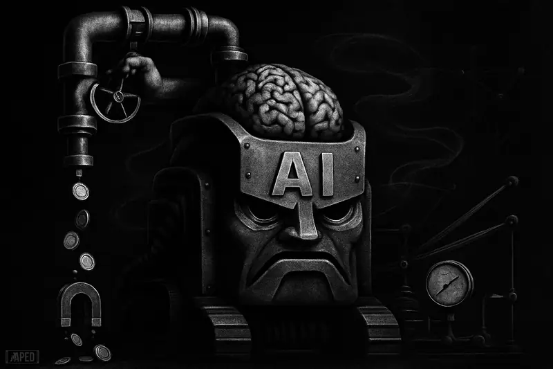 A grayscale AI-like engine tightens an emissions valve while a magnet pulls tokens upward, with ghostly derivatives and a dark data grid behind.