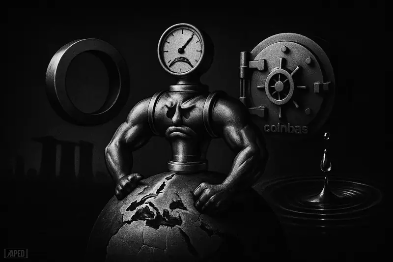 A grim monochrome scene of a muscular payment pipeline spanning a globe, fed by a ring valve, vault mechanism, and rippling droplet.