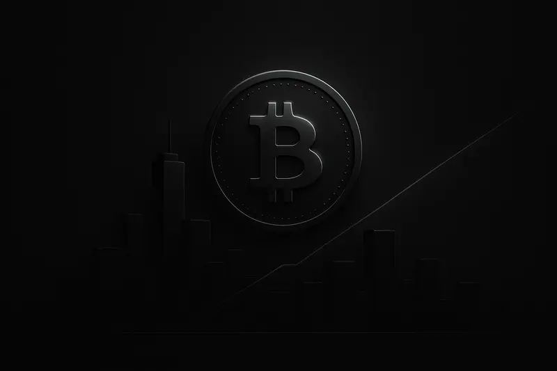 A luminous gold coin rises above a shadowy city skyline, casting sharp neon reflections across a dark, star-speckled background.