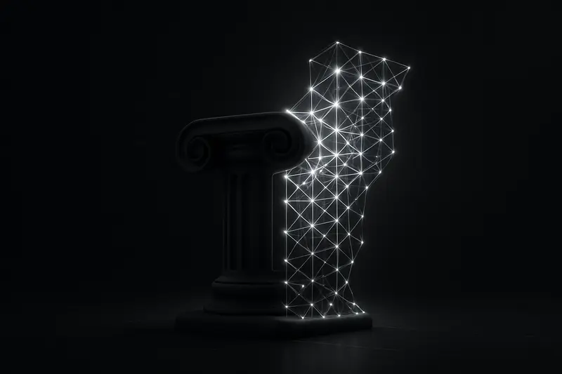 Stone exchange column on a dark background dissolving into a neon grid of connected nodes and flowing light trails.