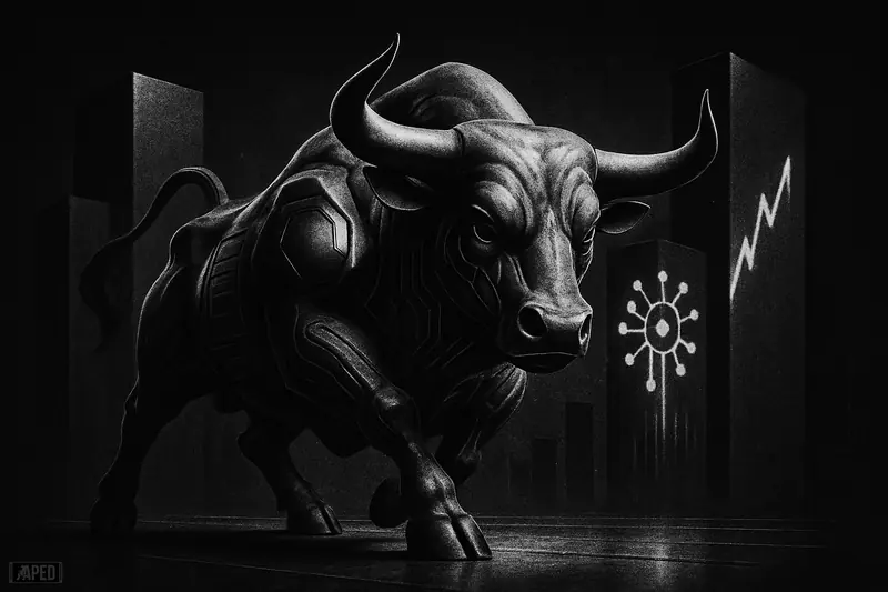 A giant tech-infused bull charges across a dark trading floor, surrounded by towering abstract structures against a faint data-grid background.