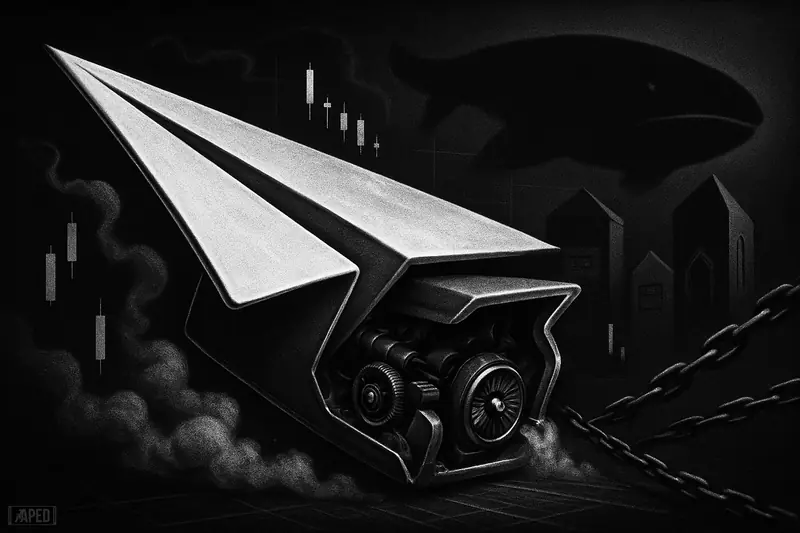 A metallic paper-airplane wallet becomes a fierce trading machine, with exposed engines and tense leverage imagery against a dark data-grid backdrop.