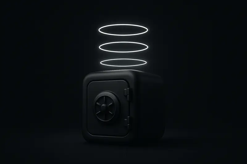 Matte-black safe with a luminous circular aura, three small glowing orbs floating above, on a dark gradient background.