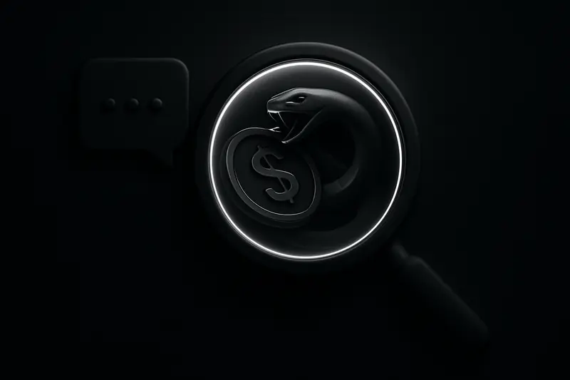 A neon magnifying glass hovers over dark chat bubbles, exposing a coiled coin-shaped serpent and scattered warning symbols.