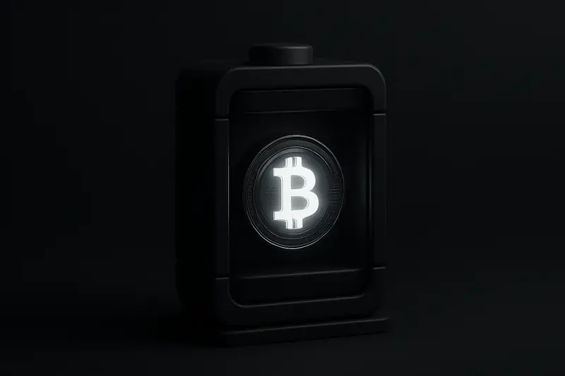 Matte-black electric battery with a faintly glowing gold coin at its center, suspended above subtle blockchain grid lines.