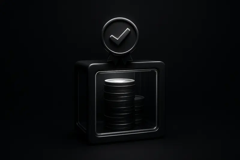 A dark glass vault holding neatly stacked coins, illuminated by a crisp checkmark seal against a black, minimal background.