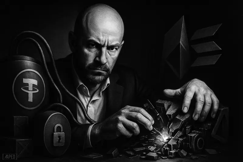 Paolo Ardoino looms over a rebuilt damaged trading machine, shielding it as cables and vault imagery suggest Tether-funded crypto recovery.