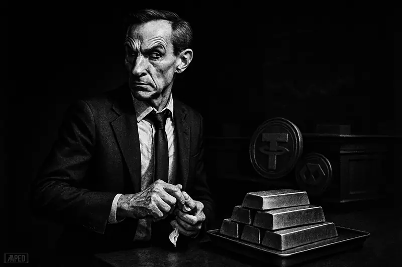 A grayscale caricature of a stern banker stepping away from a bullion desk, with gold bars and shadowy trading symbols in a dark scene.