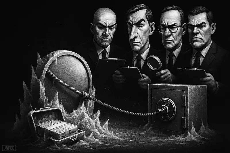 A frozen stablecoin-like metal disk tethered to a vault while four stern auditor caricatures inspect it under harsh, moody lighting.